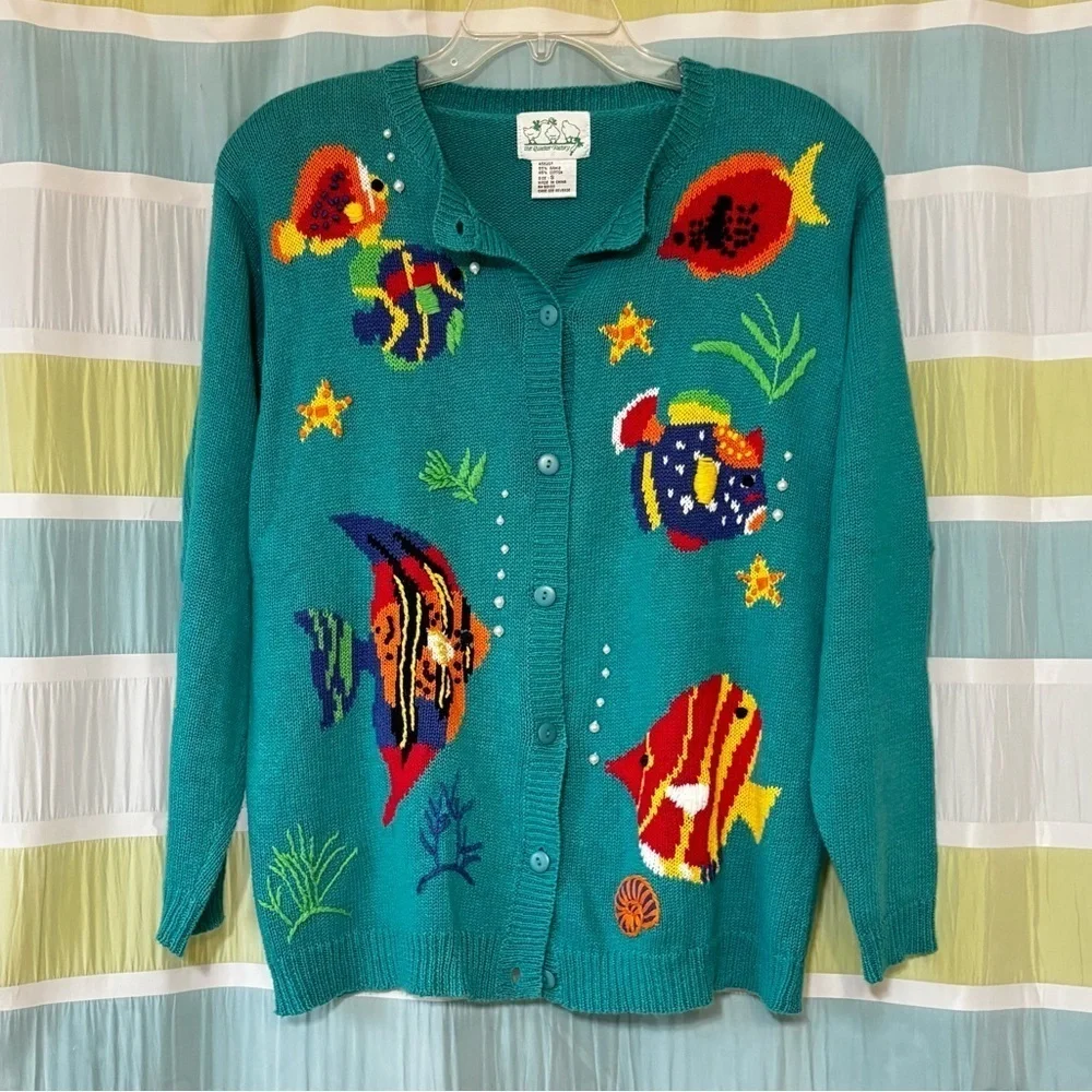 Quacker Factory Vintage Fish Pearl Cardigan Sweater Women Sz Small
